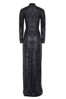 Full-length black sequins gown by Joanna Andraos, featuring a sleek design and shimmering sequins for elegant evening wear.