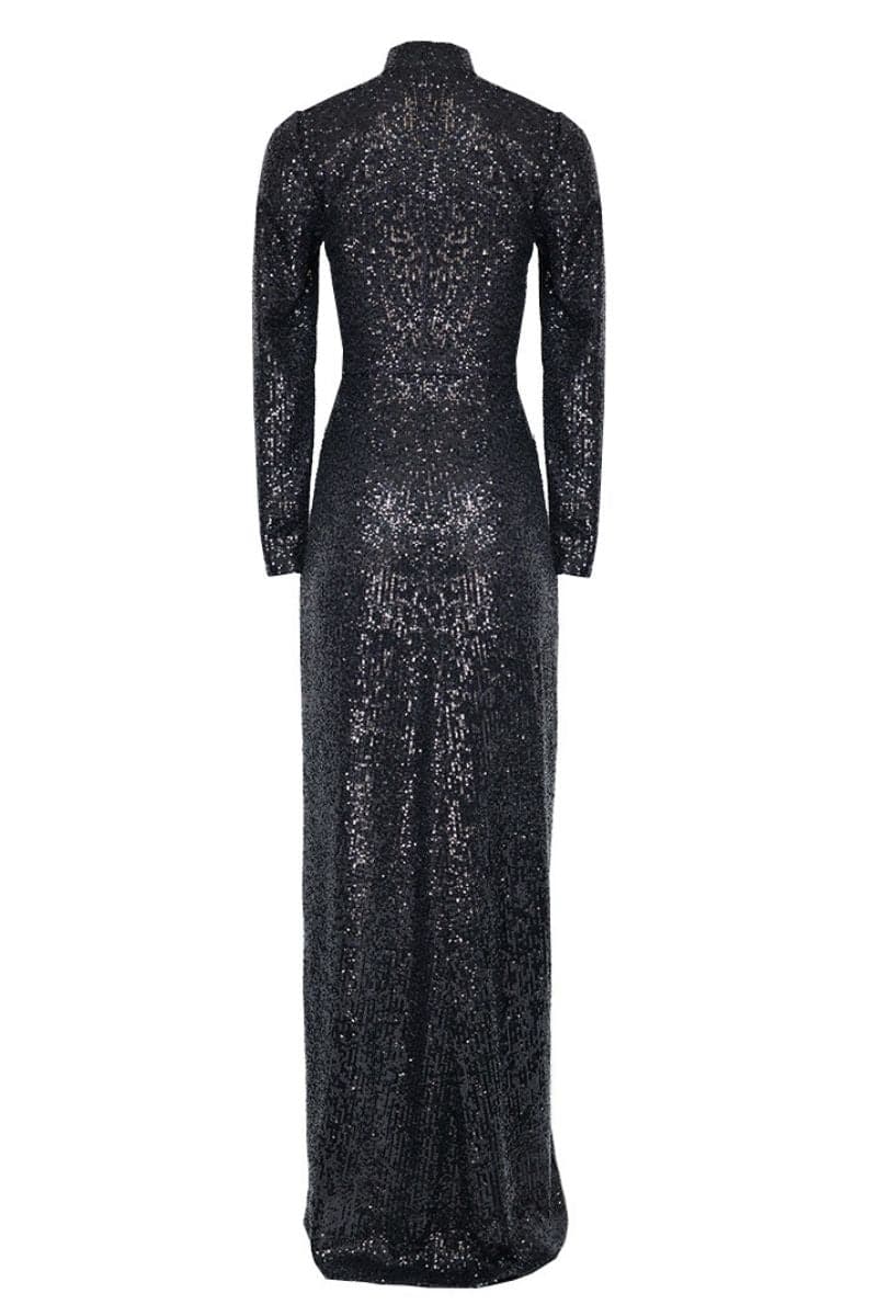 Full-length black sequins gown by Joanna Andraos, featuring a sleek design and shimmering sequins for elegant evening wear.