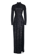 Full-length black sequins gown by Joanna Andraos, featuring a sleek design and shimmering embellishments in midnight black.