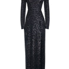 Full-length black sequins gown by Joanna Andraos, featuring a shimmering midnight black design and elegant fit.