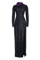 Full-length black sequins gown by Joanna Andraos, featuring a shimmering midnight black design and elegant fit.