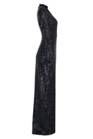 Full-length black sequins gown by Joanna Andraos, showcasing a shimmering midnight black maxi dress with elegant fit and design.
