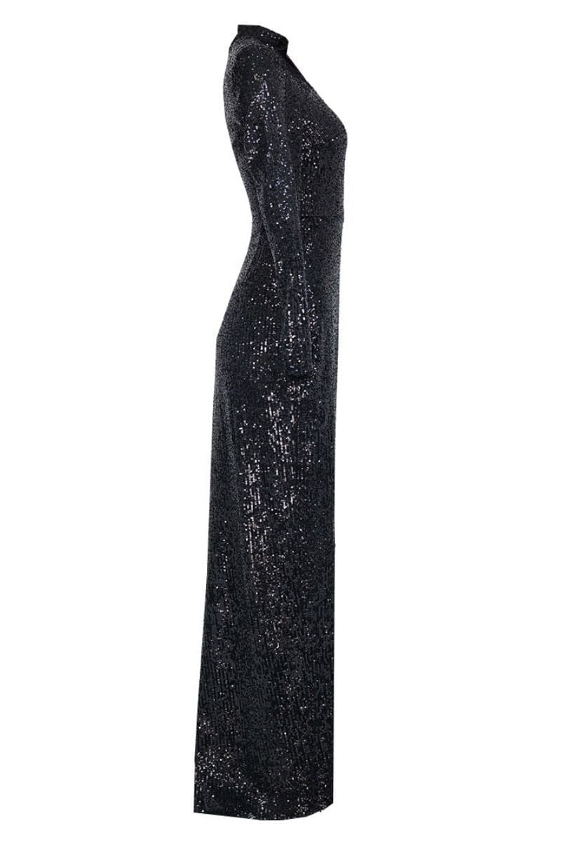 Full-length black sequins gown by Joanna Andraos, showcasing a shimmering midnight black maxi dress with elegant fit and design.