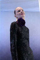 Full-length black gown by Joanna Andraos with shimmering sequins, elegant maxi dress in midnight black, EU size 34.
