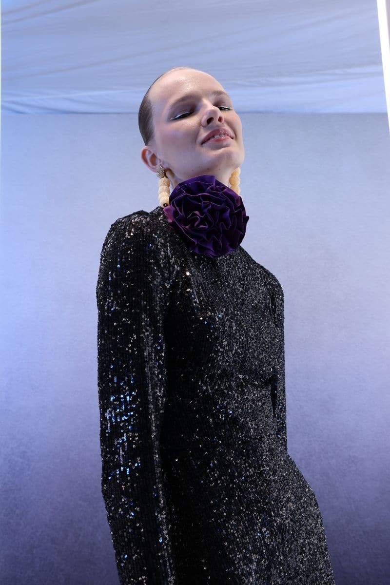 Full-length black gown by Joanna Andraos with shimmering sequins, elegant maxi dress in midnight black, EU size 34.