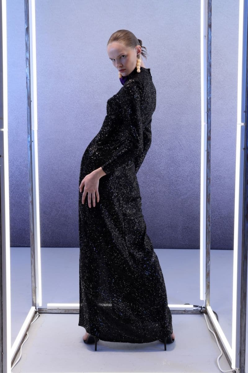 black maxi dress with sequins Long Sleeve Crystal Sequin Iris Black Iridescent Sequin Maxi