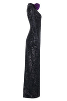 Full-length black sequins gown by Joanna Andraos, featuring a sleek design and elegant midnight black fabric.