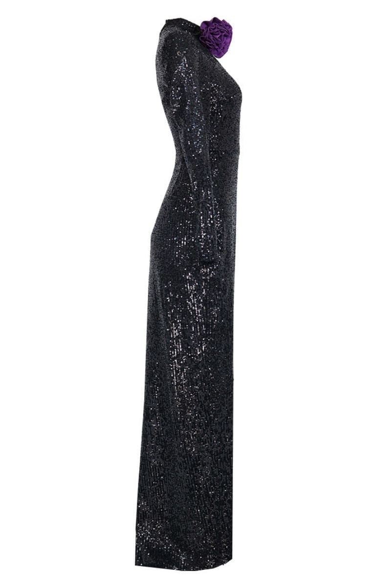Full-length black sequins gown by Joanna Andraos, featuring a sleek design and elegant midnight black fabric.