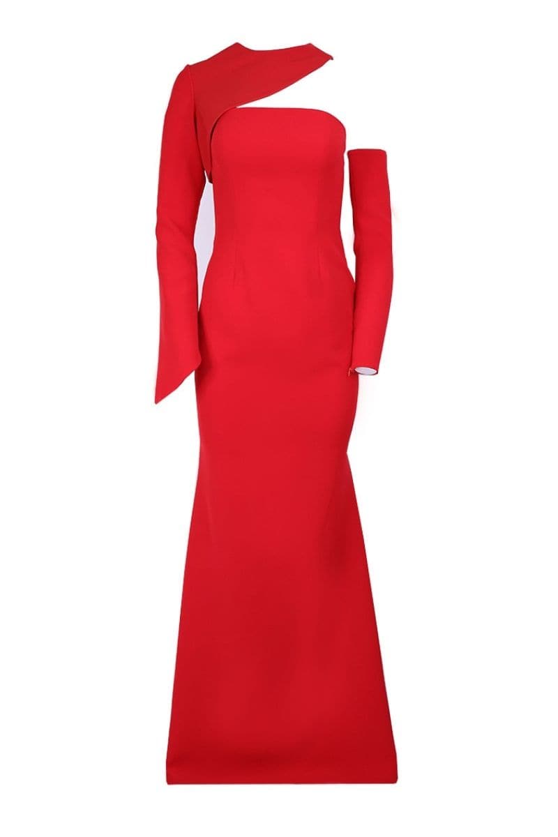 Red Joanna Andraos Scarlet Corset Gown with fitted bodice and flowing maxi skirt, elegant evening dress in EU size 34.