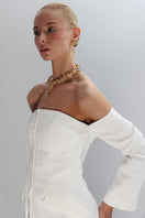 Joanna Andraos off-white strapless bridal co-ord ensemble with top and matching pants, elegant and modern wedding outfit.