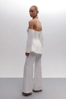 Joanna Andraos off-white strapless bridal ensemble co-ord set with top and matching pants, perfect for elegant wedding looks.