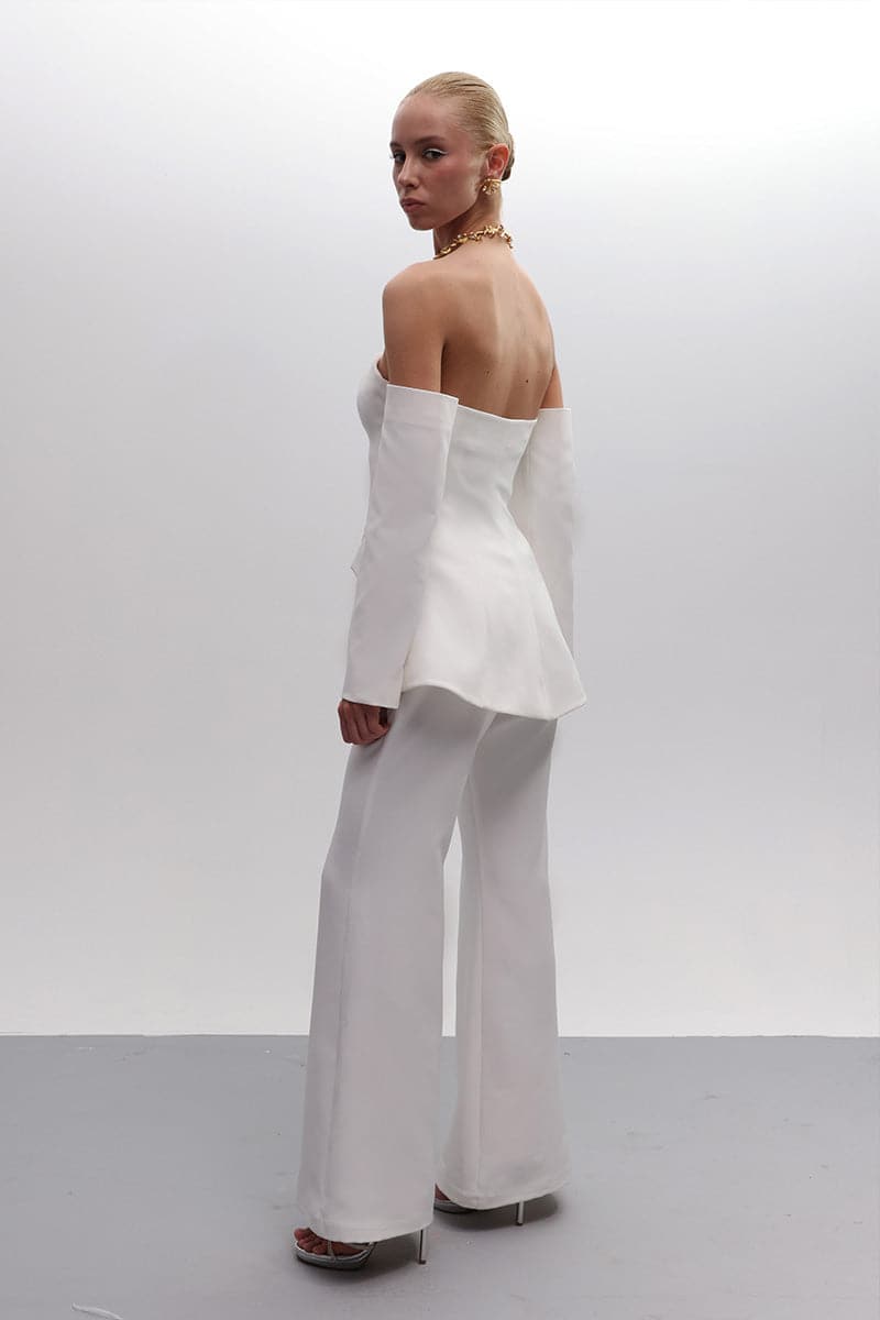 Joanna Andraos off-white strapless bridal ensemble co-ord set with top and matching pants, perfect for elegant wedding looks.