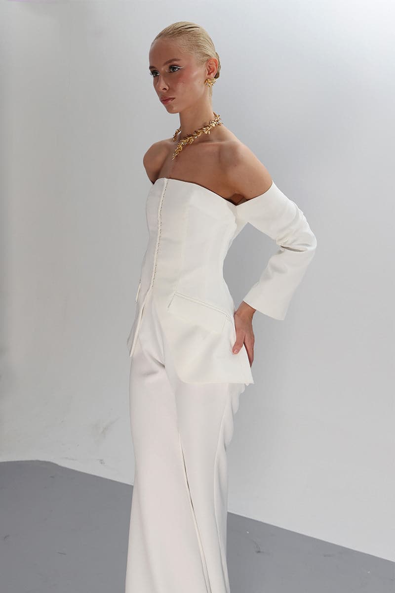 Joanna Andraos strapless bridal co-ords top and pants set in off-white, stylish wedding ensemble for elegant occasions