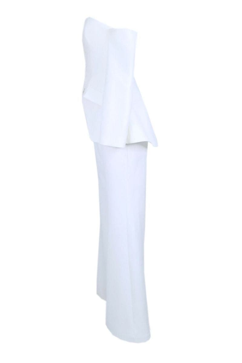 Off-white strapless bridal ensemble by Joanna Andraos featuring a stylish top and matching pants co-ord set.
