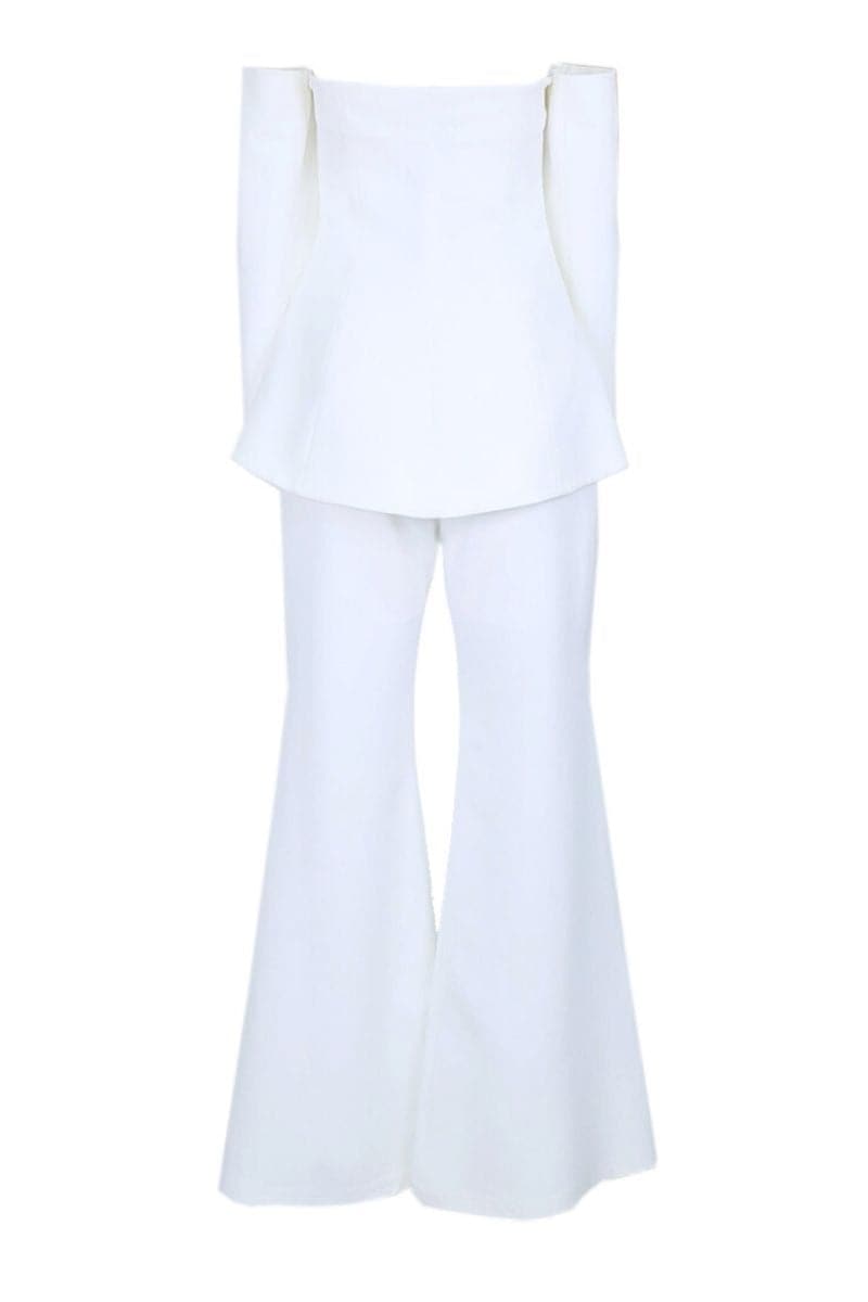 Off-white Joanna Andraos strapless bridal co-ords top and pants set, featuring a sleek, elegant design for special occasions.
