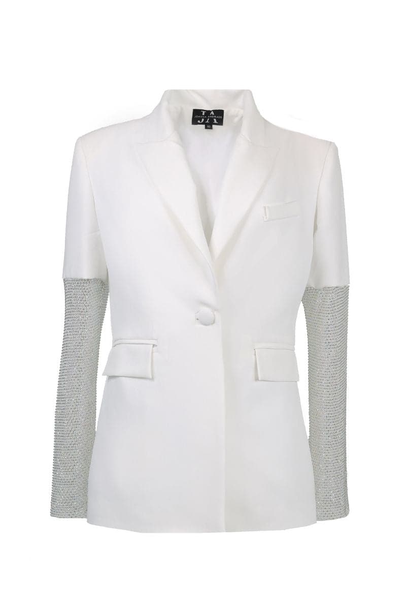 Off-white Joanna Andraos white diamond blazer with tailored fit and classic lapel, displayed on a mannequin.