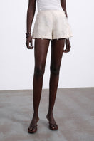 White Jora Fringe Shorts by Sélone featuring fringe details and a relaxed fit, perfect for casual summer wear.