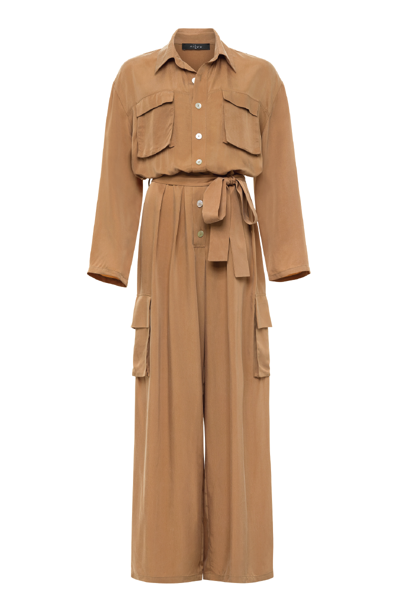 niLuu Serengeti Mocha jumpsuit, stylish sleeveless jumpsuit with a relaxed fit, featuring a mocha color and wide-leg design.