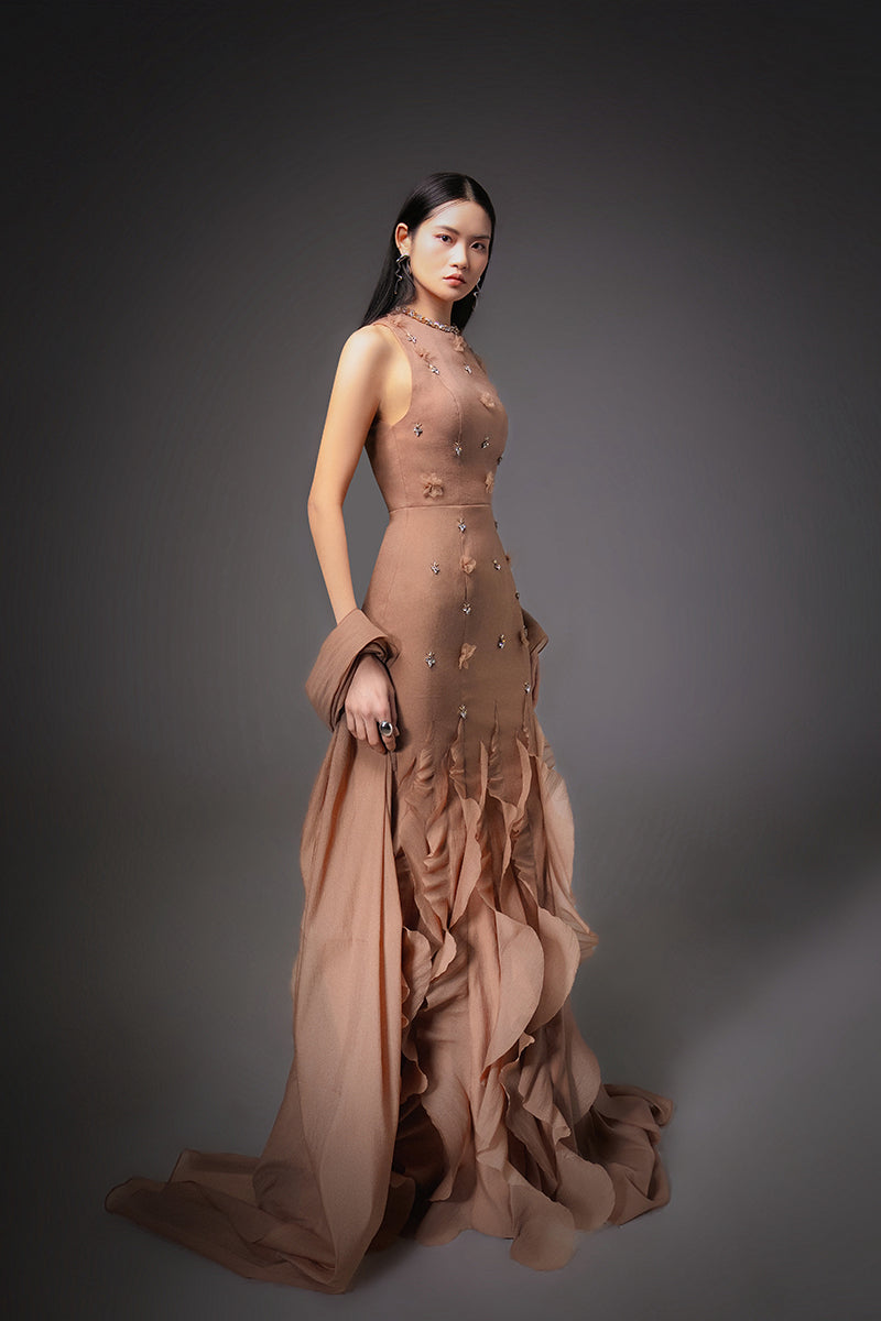 organza brown dress Light Brown Organza Dress - Floral Midi Dress - Tie-Back Dress
