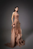 Happy Clothing CULT Mia X Potter Mermaid Organza Gown in brown, featuring a flowing design and intricate fabric details.