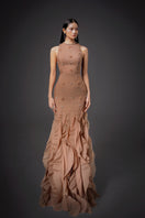 HAPPY CLOTHING CULT MIA X MERMAID Gown in brown with organza fabric, elegant design for special occasions.
