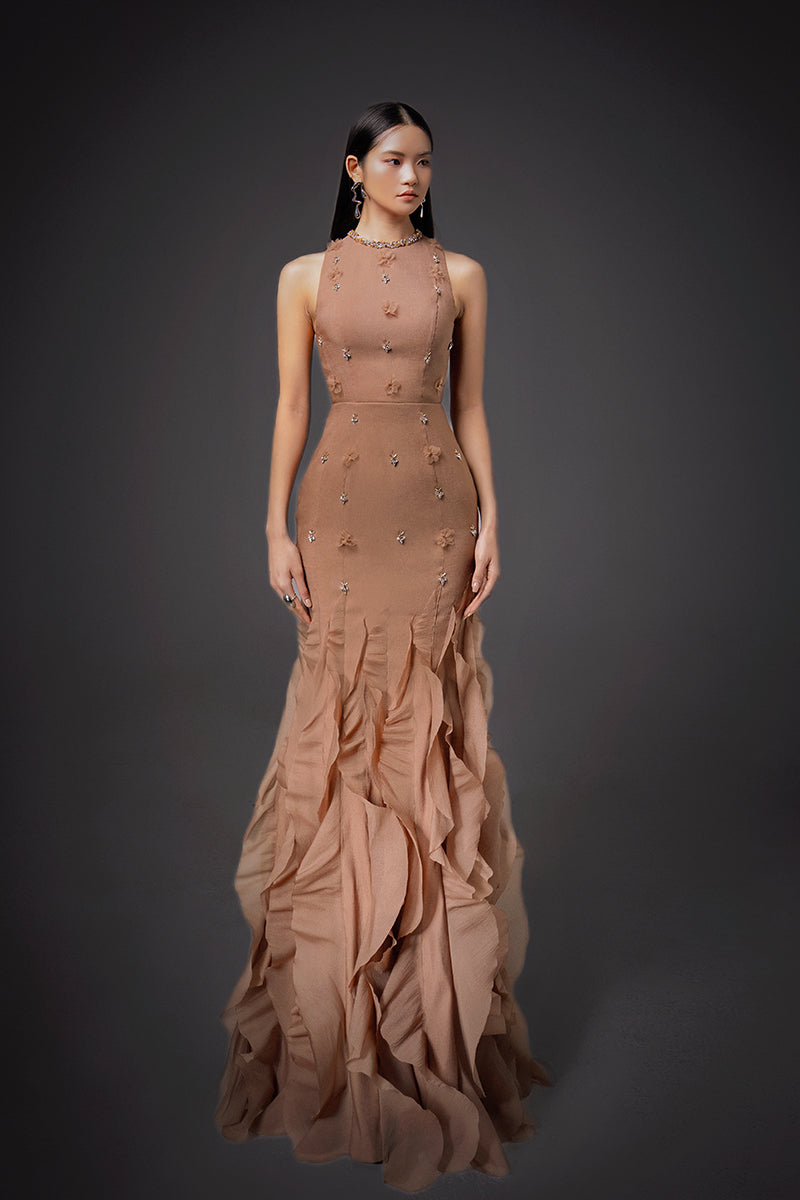 HAPPY CLOTHING CULT MIA X MERMAID Gown in brown with organza fabric, elegant design for special occasions.