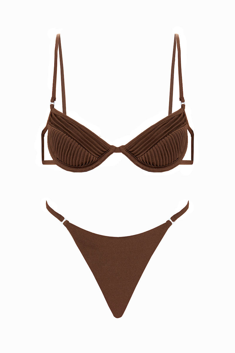 Selia Richwood Amy Brown bikini with triangle top and matching bottoms, stylish swimwear for beach or pool.