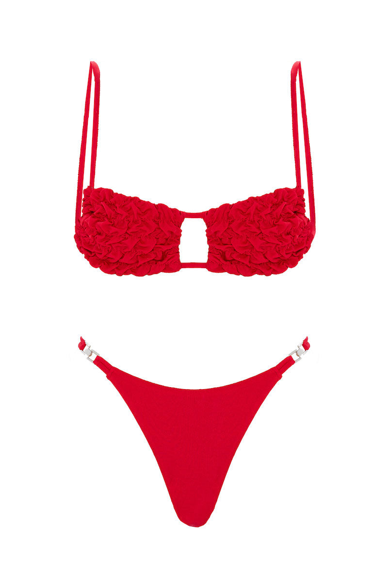 Selia Richwood LIA Red Bikini with stylish triangle top and matching bottoms, perfect for beach or poolside wear.