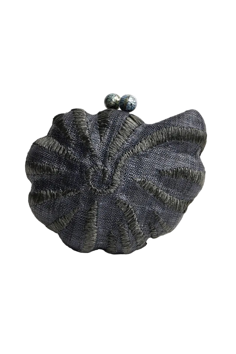 Emm Kuo Kahala woven circular clutch in black with sea shell design, featuring a textured woven pattern and elegant round shape.