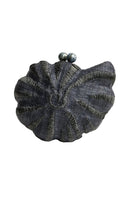 Emm Kuo Kahala woven circular clutch in black with sea shell design, featuring a textured woven pattern and elegant round shape.