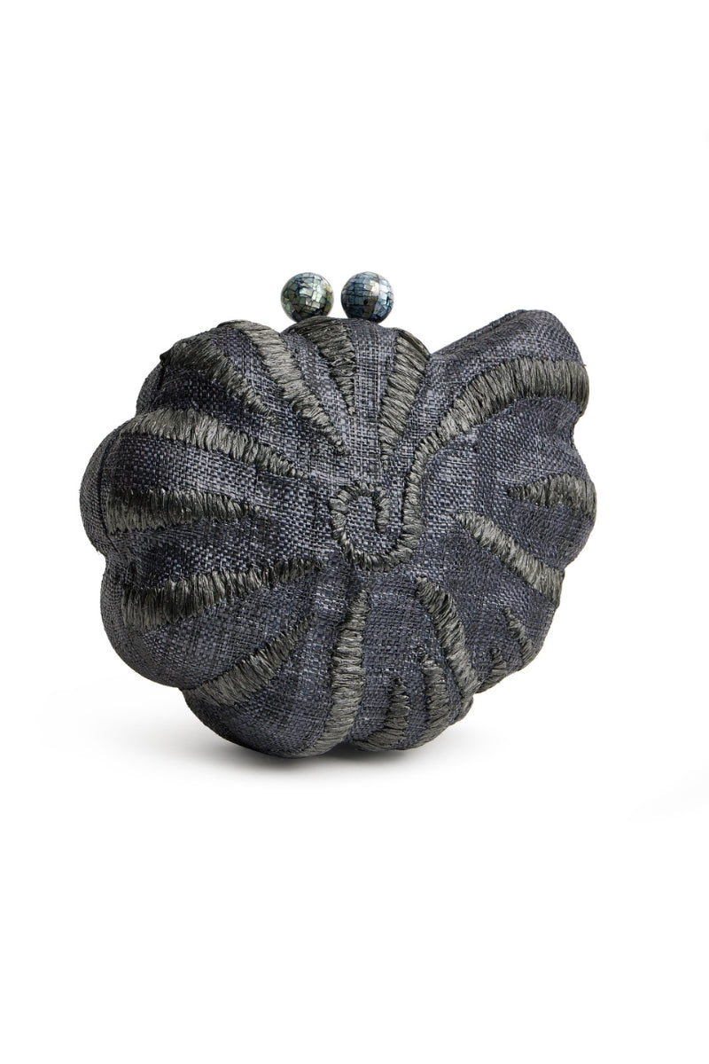 Emm Kuo Kahala woven circular clutch in black with sea shell design, showcasing intricate black woven pattern and stylish round shape.