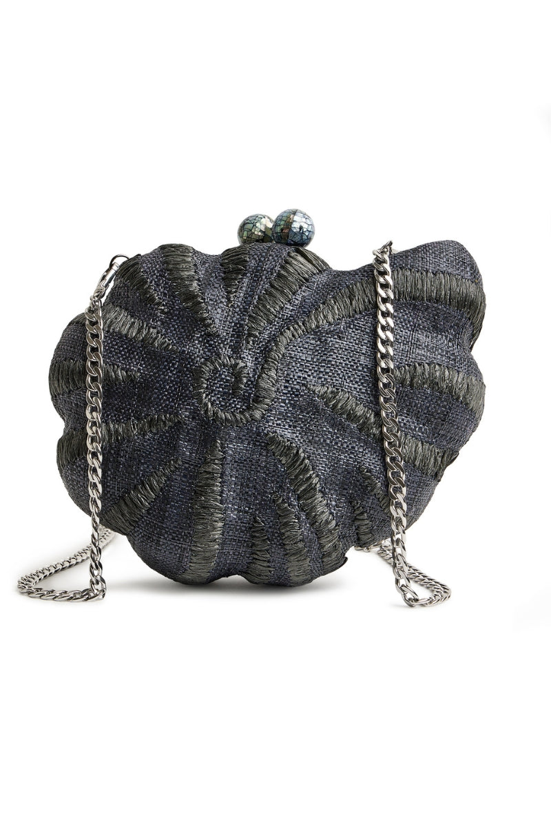 Emm Kuo Khahala woven circular clutch bag with black sea shell design, featuring a textured woven surface and round shape.