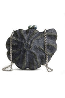 Emm Kuo Khahala woven circular clutch bag with black sea shell design, featuring a textured woven surface and round shape.