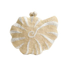 Emm Kuo Kahala woven circular clutch with natural raffia and sea shell accents, stylish accessory for casual or evening wear.