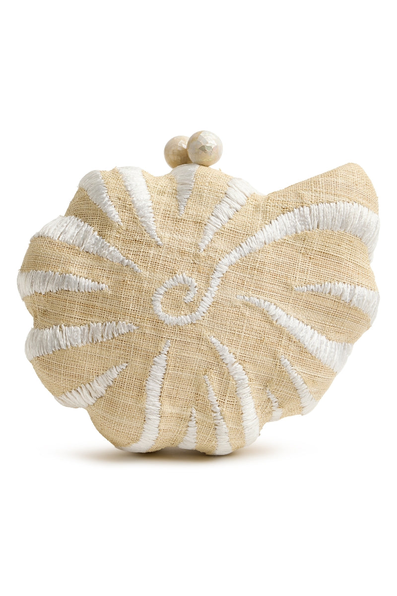 Emm Kuo Kahala woven circular clutch with natural raffia and sea shell accents, stylish accessory for casual or evening wear.