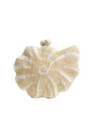 Emm Kuo Kahala woven circular clutch with natural raffia and sea shell accents, stylish accessory for casual or evening wear.
