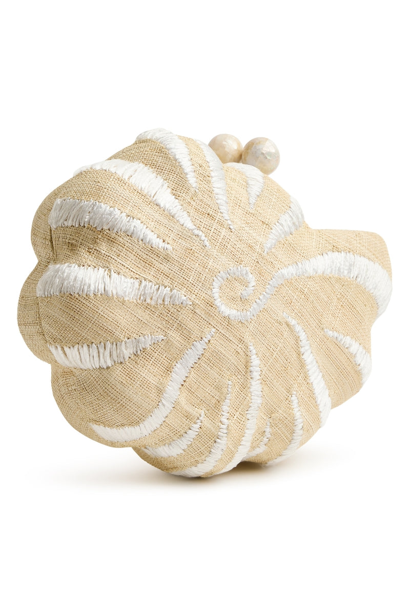 Emm Kuo Kahala woven circular clutch with sea shell accents in natural raffia, showcasing its textured, handcrafted design.