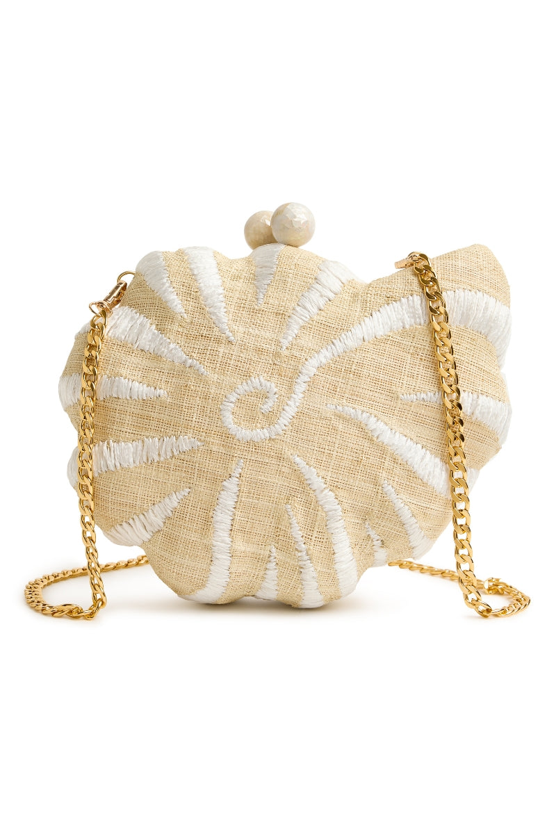 Emm Kuo Kahala woven circular clutch with natural raffia and sea shell accents, stylish and eco-friendly accessory for any outfit.
