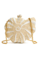 Emm Kuo Kahala woven circular clutch with natural raffia and sea shell accents, stylish and eco-friendly accessory for any outfit.