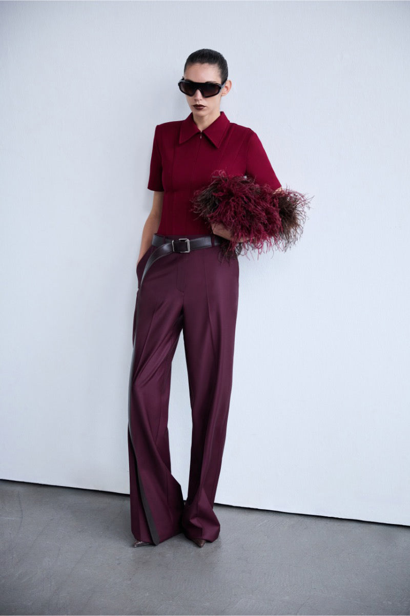 KATE POLO NECK CORSET DETAILED T SHIRT IN BURGUNDY