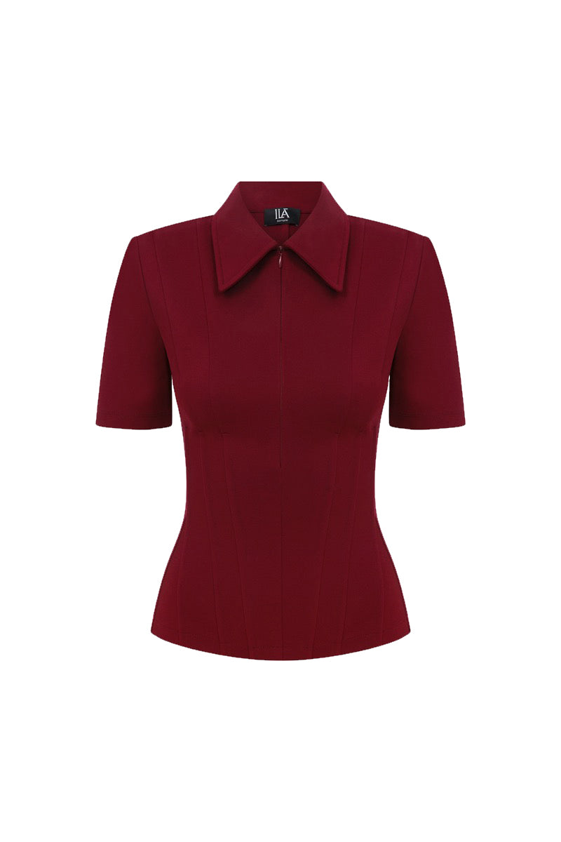 KATE POLO NECK CORSET DETAILED T SHIRT IN BURGUNDY