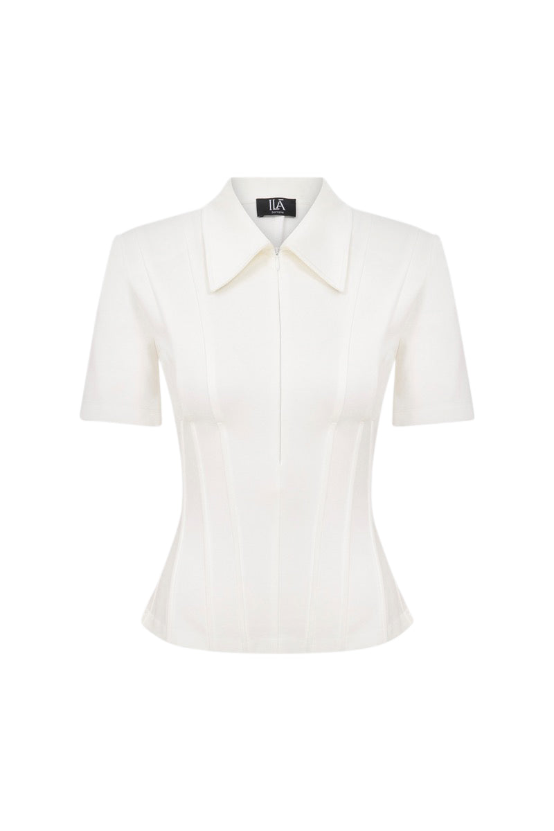 KATE POLO NECK CORSET DETAILED T SHIRT IN WHITE