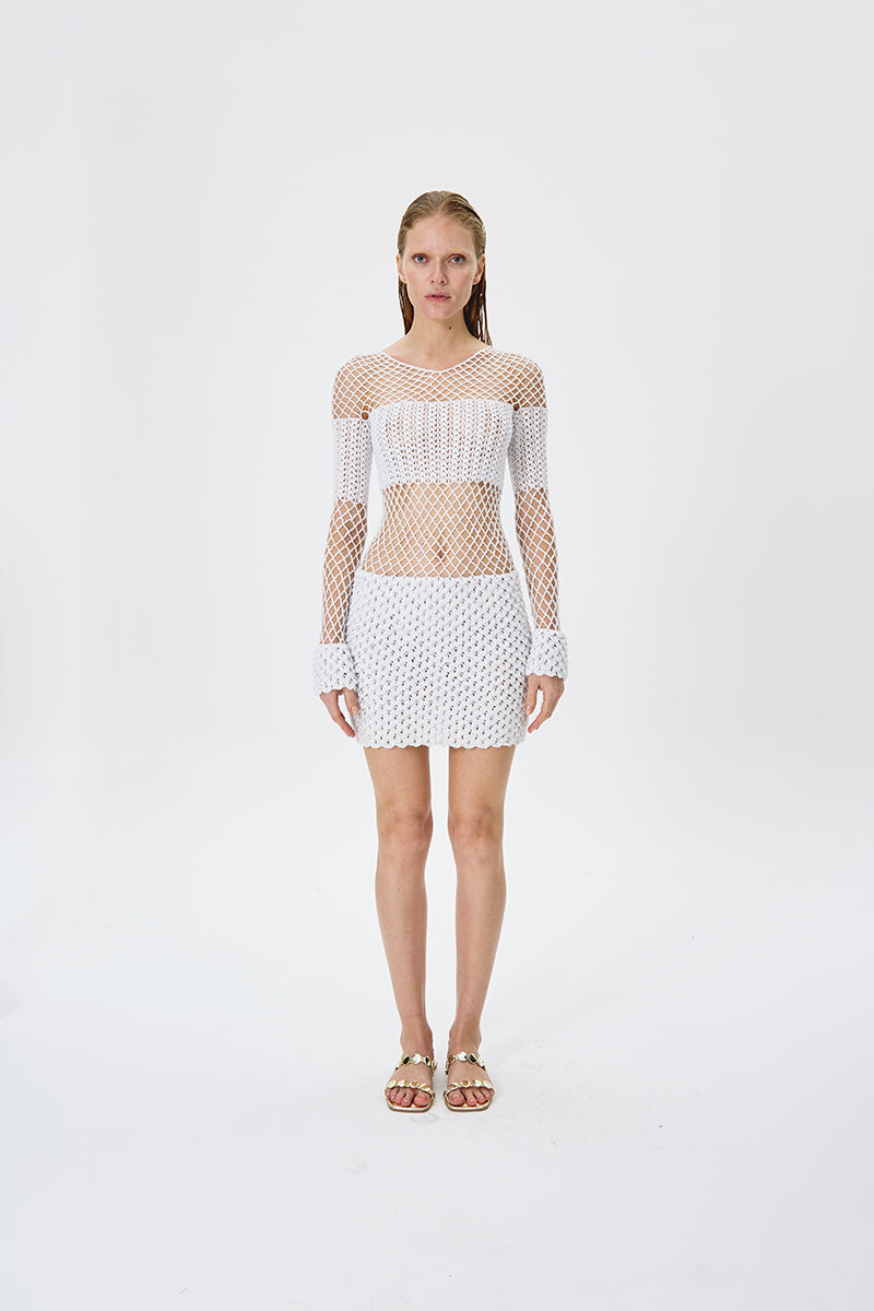 SEQUIN CROCHET PARTY DRESS IN WHITE - CULT MIA