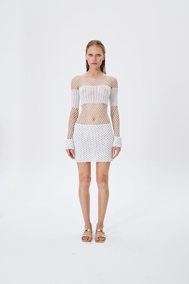 SEQUIN CROCHET PARTY DRESS IN WHITE - CULT MIA