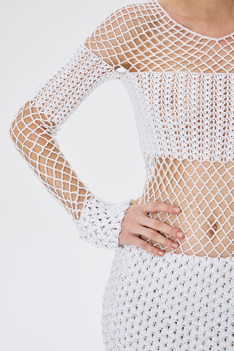 SEQUIN CROCHET PARTY DRESS IN WHITE - CULT MIA