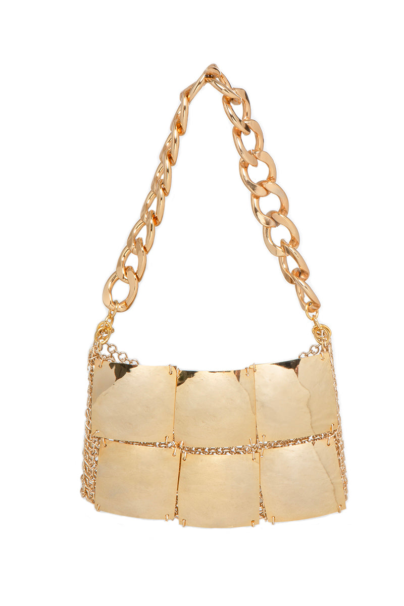 Silvia Gnecchi Choco in Gold shoulder bag with sleek design and gold-tone hardware, styled with a chain strap.