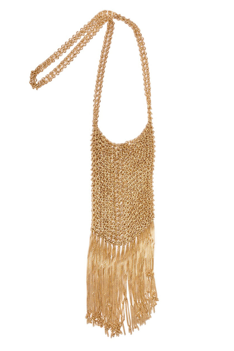 Silvia Gnecchi Apollonia Fringe Gold shoulder bag with gold fringe detailing and sleek design.