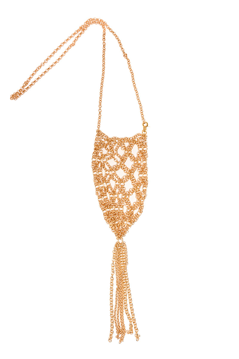 Gold shoulder bag from Silvia Gnecchi's Bottle Case collection, featuring sleek design and elegant metallic finish.