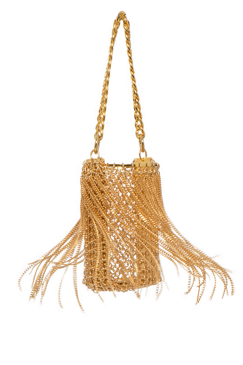 Gold frilly bucket top handle bag by Silvia Gnecchi with decorative ruffles and a stylish, structured design.
