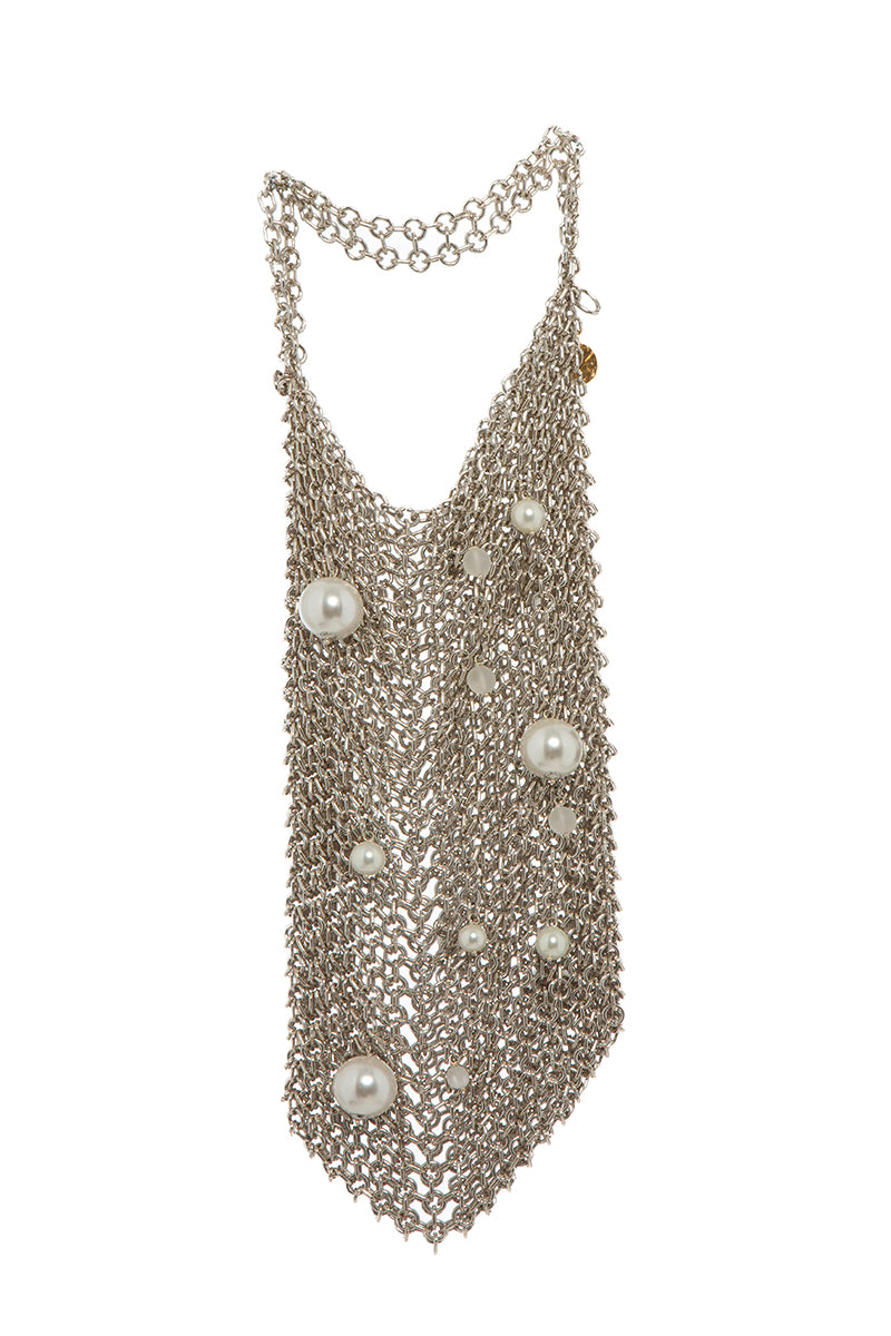 Silver pearl shoulder bag by Silvia Gnecchi with sleek design and elegant pearl accents.